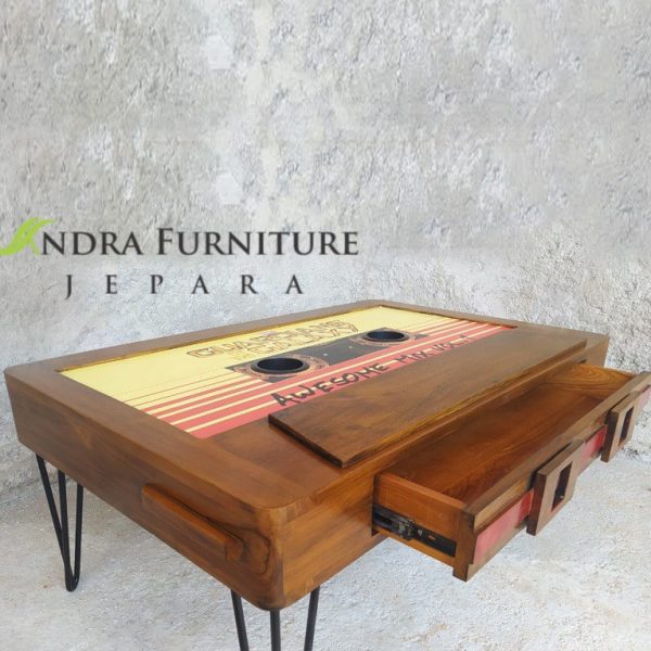 meja tamu unik klasik replika kaset bahan full kayu jati kaki besi