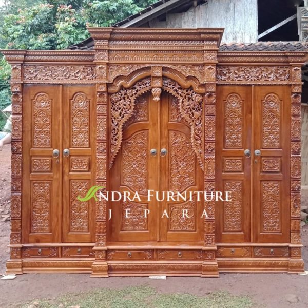 Almari pakaian gebyok spanyolan 6 pintu full kayu jati, almari mahkota