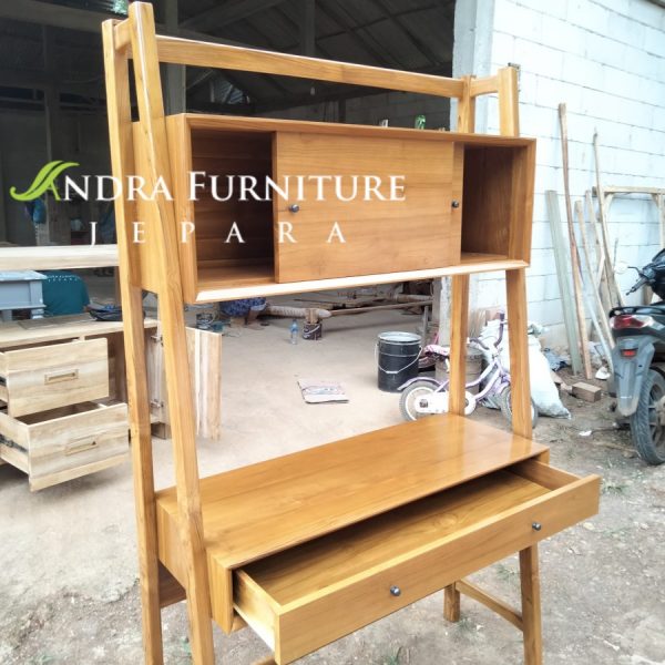 rak buku kayu jati,meja kantor, meja belajar minimalis laci dan pintu