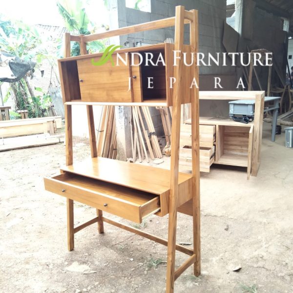rak buku kayu jati,meja kantor, meja belajar minimalis laci dan pintu