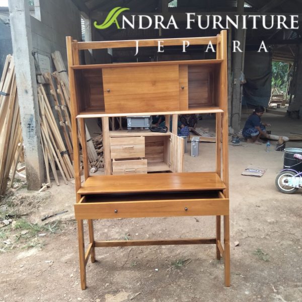 rak buku kayu jati,meja kantor, meja belajar minimalis laci dan pintu
