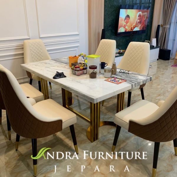 kursi makan modern 2 warna jahitan motif, kursi makan kaki stainless