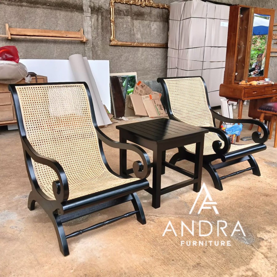 set kursi teras rotan 2 kursi 1 meja rangka jati grade berkualitas