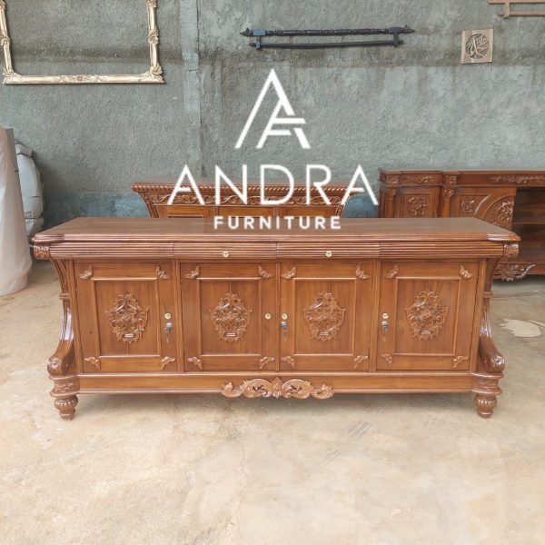 Credenza Ukir, Buffet Jati Tangan Lengkung Full Ukir 4 Pintu 2 Laci