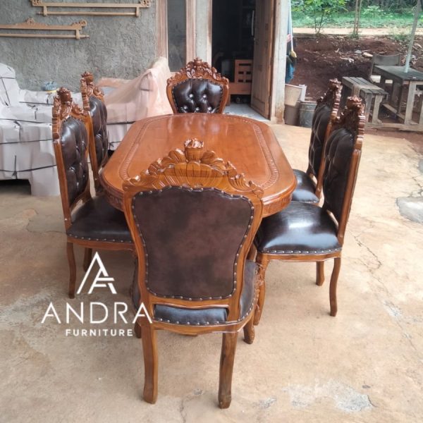 Meja Makan 6 Kursi Kayu Jati Ukiran Mewah Elegant Kain Bisa Request