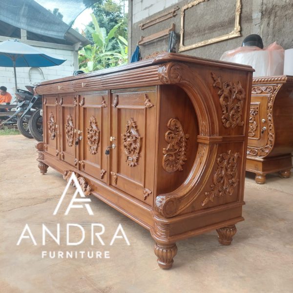 Credenza Ukir, Buffet Jati Tangan Lengkung Full Ukir 4 Pintu 2 Laci