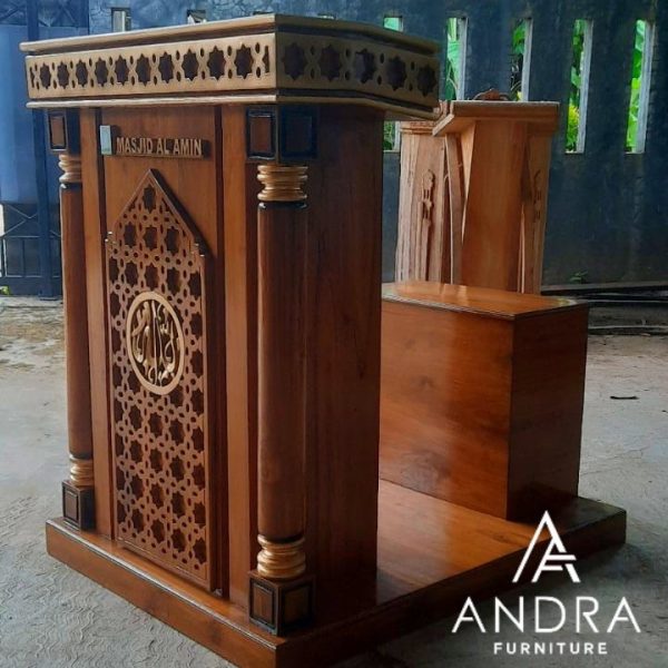 Podium Masjid, Mimbar Masjid Minimalis Ukir Plus Bangku Kayu Jati New