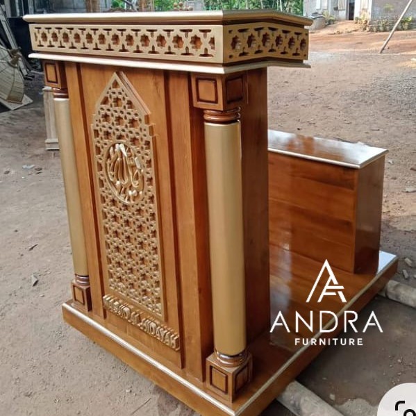 Podium Masjid, Mimbar Masjid Minimalis Ukir Plus Bangku Kayu Jati New