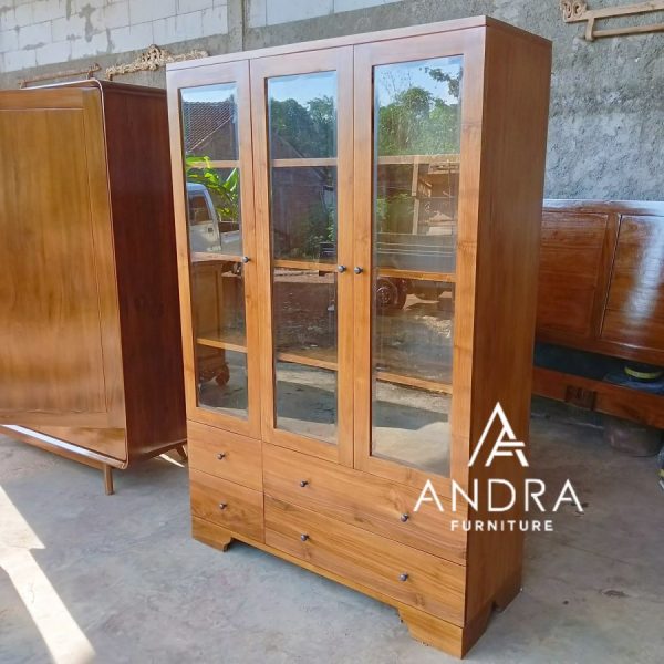 Almari Buku Kayu Jati 3 Pintu Kaca 4 Laci Minimalis Modern, Lemari Hias Kaca Kayu Jati