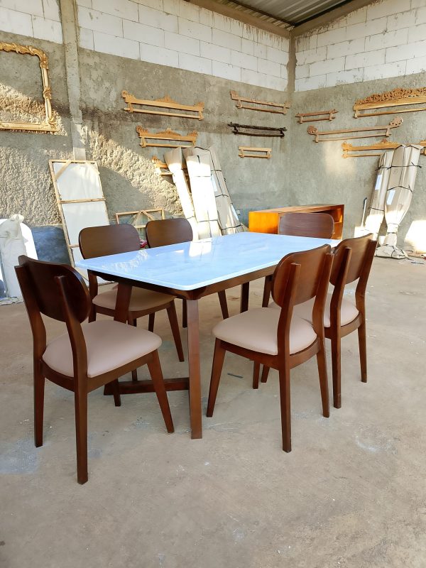 set kursi meja makan rangka jati top meja marmer furniture minimalis