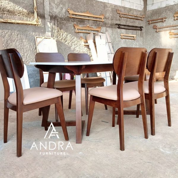 set kursi meja makan rangka jati top meja marmer furniture minimalis