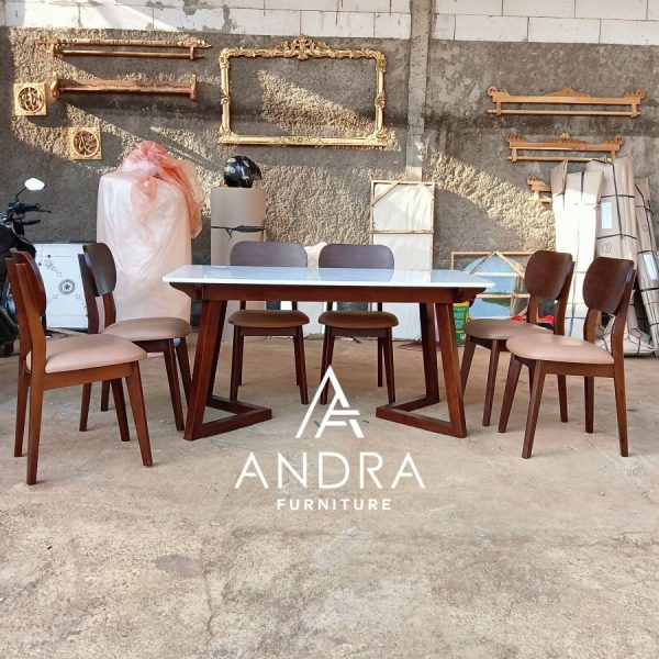 set kursi meja makan rangka jati top meja marmer furniture minimalis