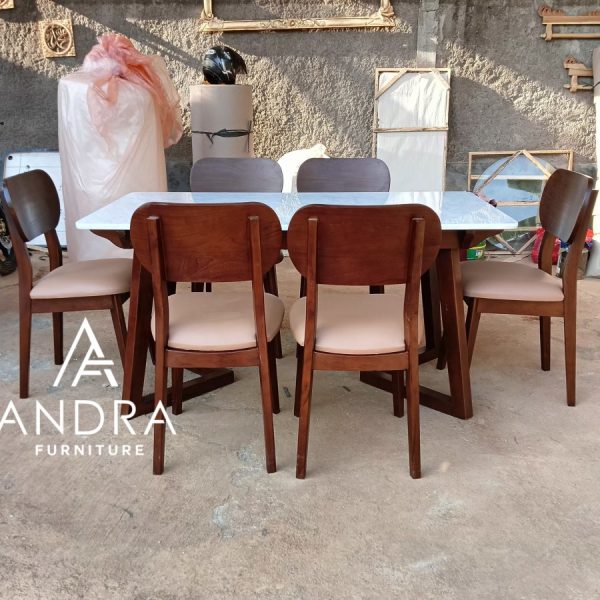 set kursi meja makan rangka jati top meja marmer furniture minimalis