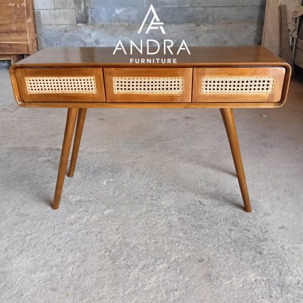 meja konsul minimalis rotan 3 laci bahan kayu jati pilihan