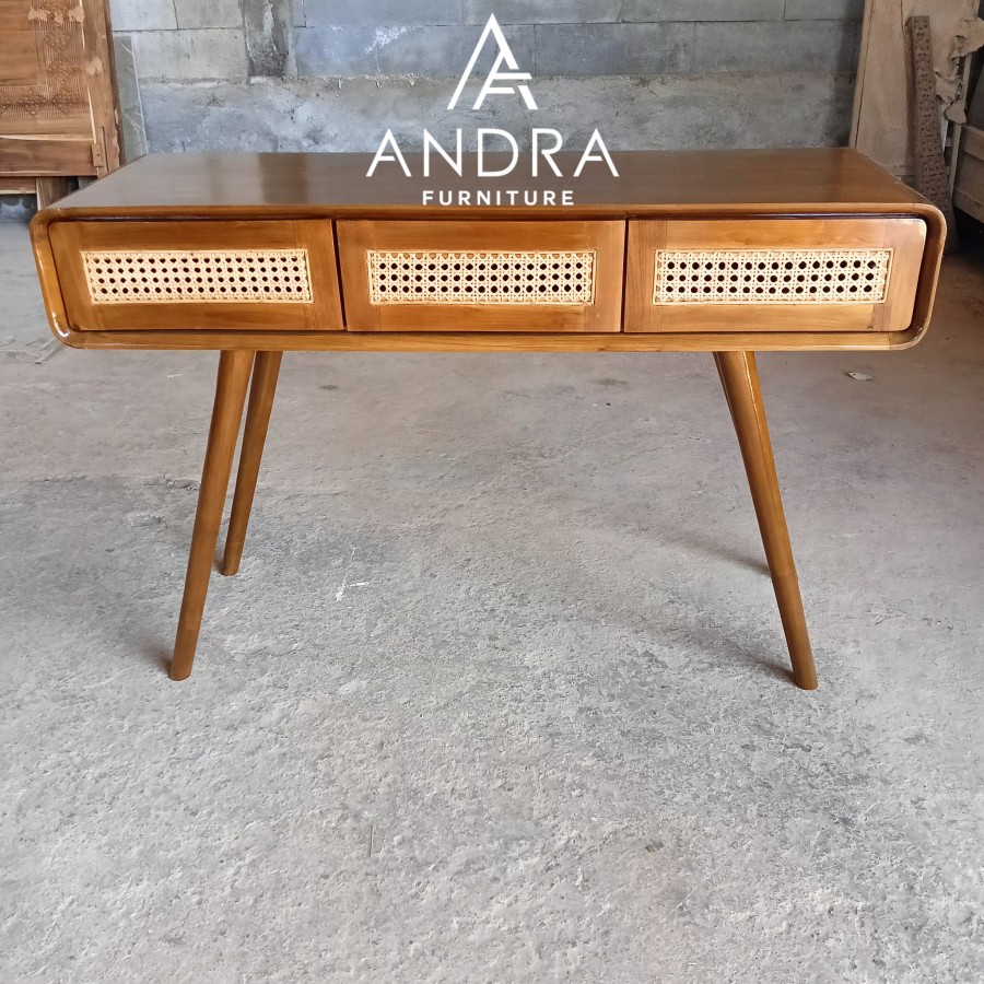 meja konsul minimalis rotan 3 laci bahan kayu jati pilihan