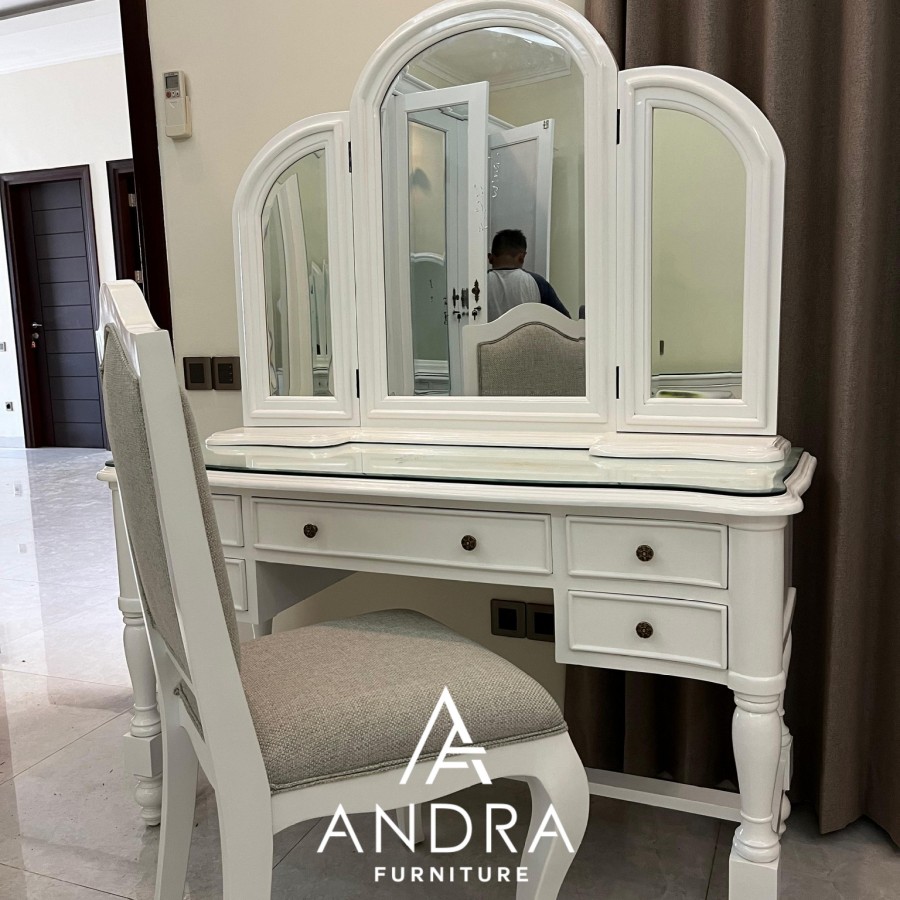 set meja rias putih cantik klasik include kursi warna putih duco