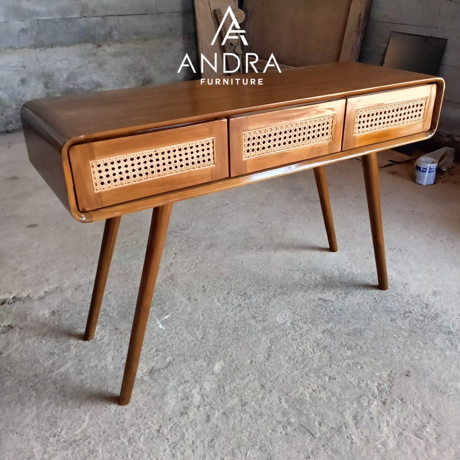 meja konsul minimalis rotan 3 laci bahan kayu jati pilihan