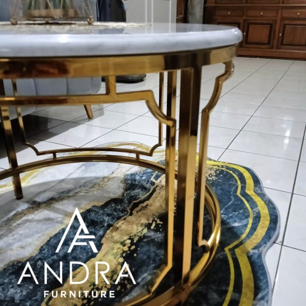 58e9eb7c-4f60-4620-9a23-f161bdf0723e meja tamu stainless gold gloss bulat include marmer carara impor