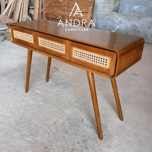 meja konsul minimalis rotan 3 laci bahan kayu jati pilihan