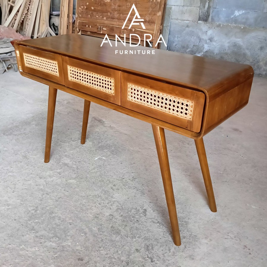 meja konsul minimalis rotan 3 laci bahan kayu jati pilihan