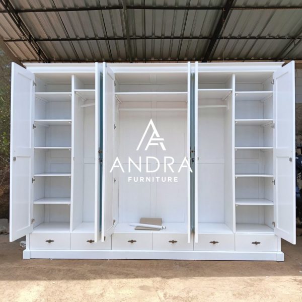 almari pakaian klasik putih 6 pintu 4 cermin , lemari baju modern putih