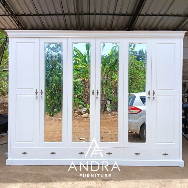 almari pakaian klasik putih 6 pintu 4 cermin , lemari baju modern putih