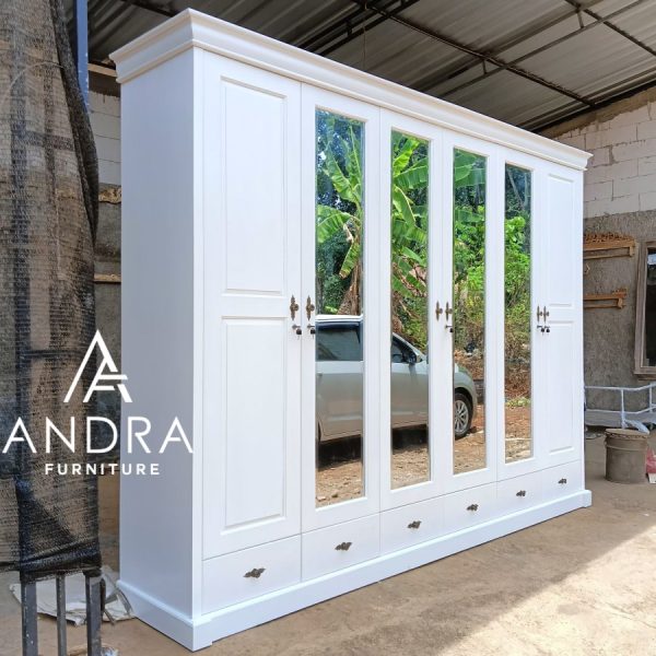 almari pakaian klasik putih 6 pintu 4 cermin , lemari baju modern putih