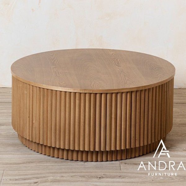 meja tamu bulat bundar minimalis modern salur garis bahan kayu jati