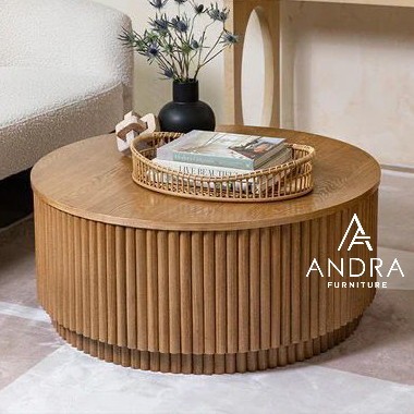 meja tamu bulat bundar minimalis modern salur garis bahan kayu jati