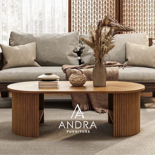 coffee table oval untuk sofa minimalis, meja tamu sofa kayu jati