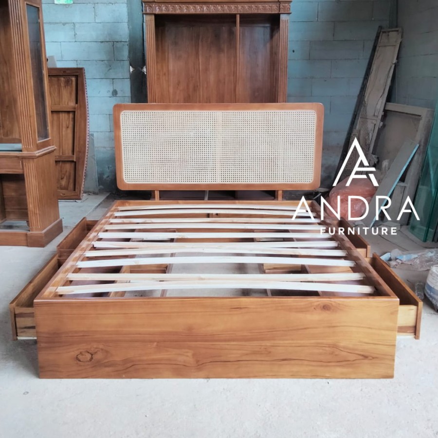 dipan minimalis headboard rotan plus 4 laci kayu jati