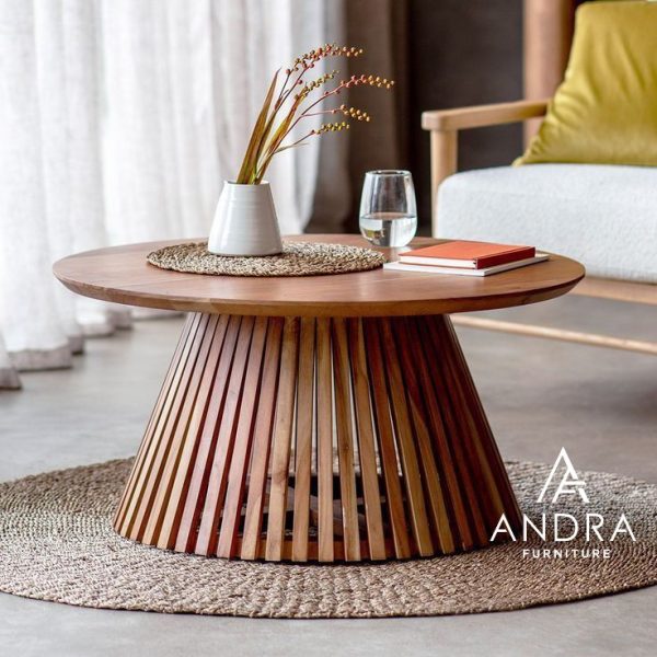 bd2f8f21-d7b1-4fa7-82a8-9ad80a6b8545 coffe table, meja tamu bulat kaki jari unik bahan kayu jati modern