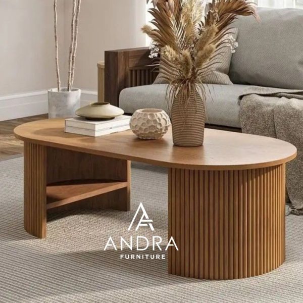 coffee table oval untuk sofa minimalis, meja tamu sofa kayu jati