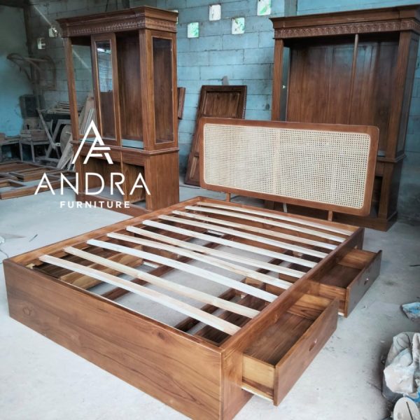 dipan minimalis headboard rotan plus 4 laci kayu jati