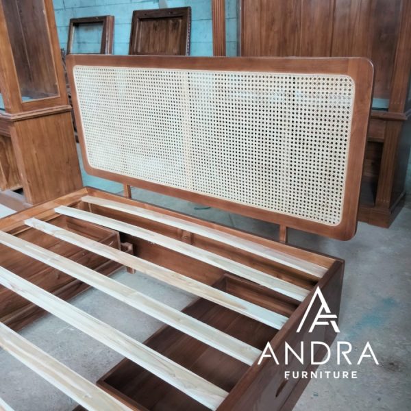 dipan minimalis headboard rotan plus 4 laci kayu jati