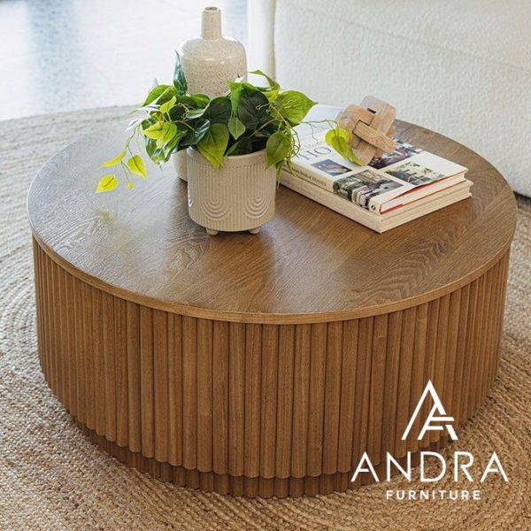 meja tamu bulat bundar minimalis modern salur garis bahan kayu jati