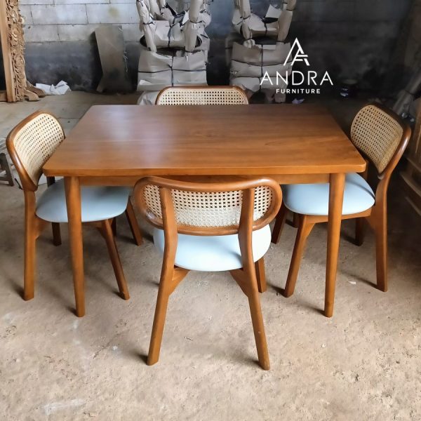 set kursi meja makan kafe dan resto kayu jati, jok busa sandaran rotan