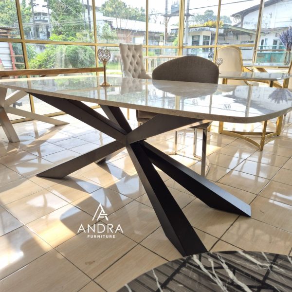 Meja Makan Marmer Kaki Besi Elegan – Kuat, Mewah & Tahan Lama!