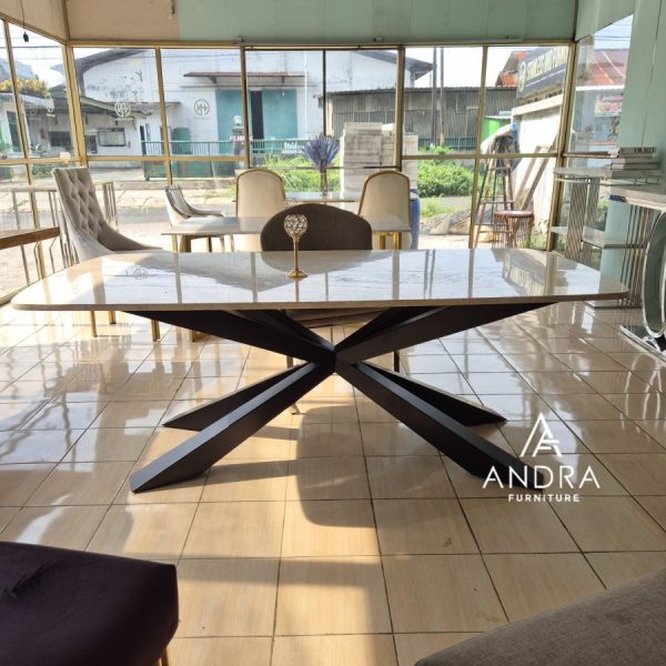 Meja Makan Marmer Kaki Besi Elegan – Kuat, Mewah & Tahan Lama!