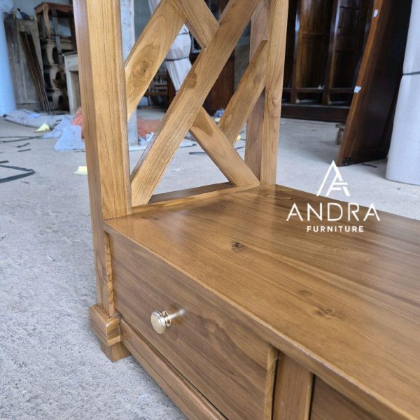 rak buku minimalis kayu jati 3 laci, rak buku perpustakaan kayu jati Lemari