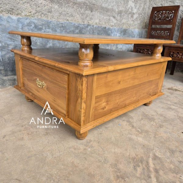 meja tamu klasik unik 2 laci bahan kayu jati, coffee table kayu jati