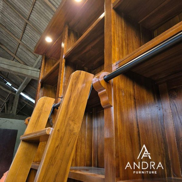 Lemari Rak Buku Sudut L Luxury – Kayu Jati Solid dengan Tangga & Pencahayaan LED cocok untuk ruang baca