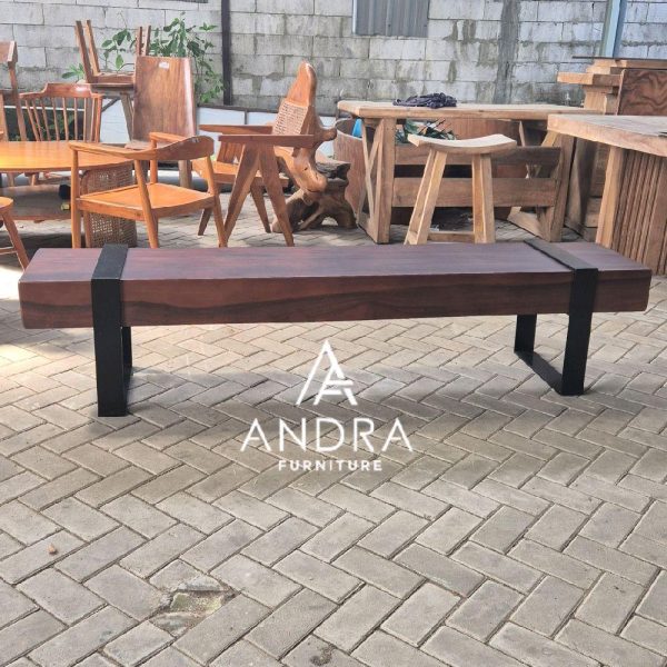 Bangku Balok Kayu Utuh Trembesi  Solid & Elegan Tanpa Sambungan kaki besi
