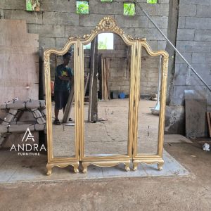 SKETSEL CERMIN UKIR GOLD 3 PINTU MEWAH & ELEGAN