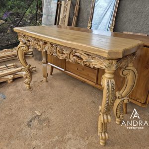 meja konsul jati, meja hias kayu jati, meja konsul kaki lengkung unik jati top meja tebal 4 cm