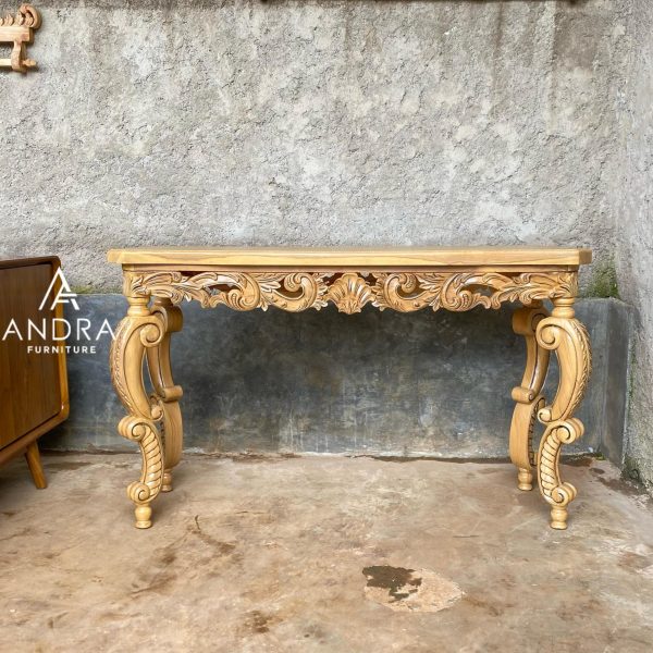 meja konsul jati, meja hias kayu jati, meja konsul kaki lengkung unik jati top meja tebal 4 cm