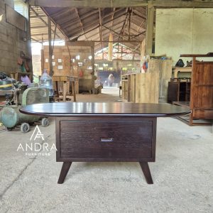 meja tamu minimalis modern 1 laci kayu jati top oval