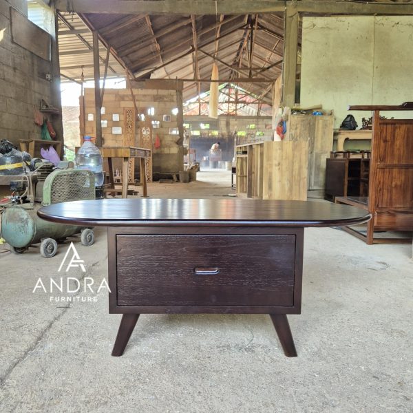meja tamu minimalis modern 1 laci kayu jati top oval