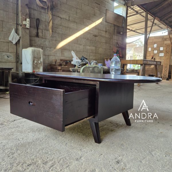 meja tamu minimalis modern 1 laci kayu jati top oval