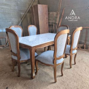 SET MEJA MAKAN JATI UKIR 6 KURSI TOP MARMER CARRARA IMPORT